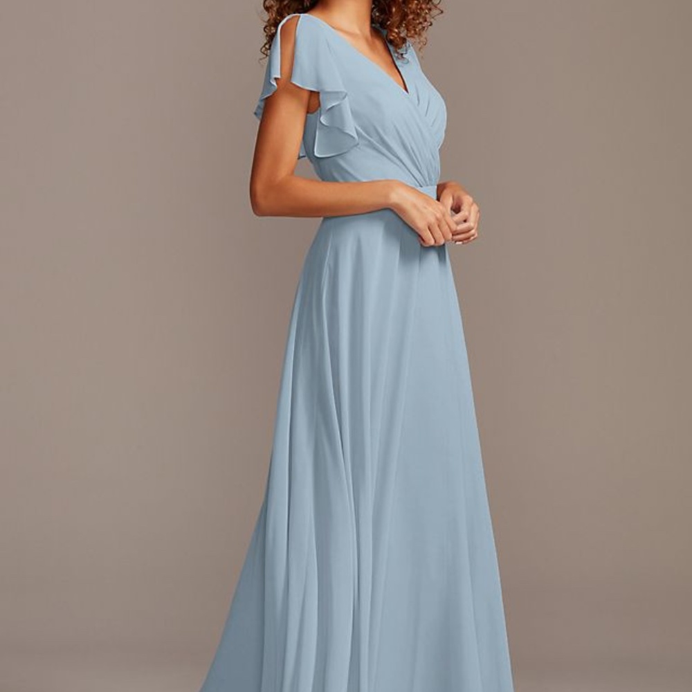 David's Bridal Bridesmaid Dress with Flutter Sleeve Full Skirt in Dusty Blue